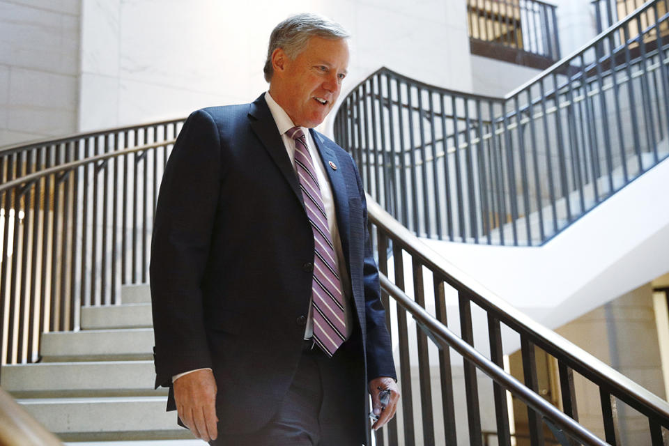 Rep. Mark Meadows, R-N.C., walks to a secure area of the Capitol after US Ambassador to the European Union Gordon Sondland arrived for a closed door meeting to testify as part of the House impeachment inquiry into President Donald Trump, Monday, Oct. 28, 2019, on Capitol Hill in Washington. (AP Photo/Patrick Semansky)