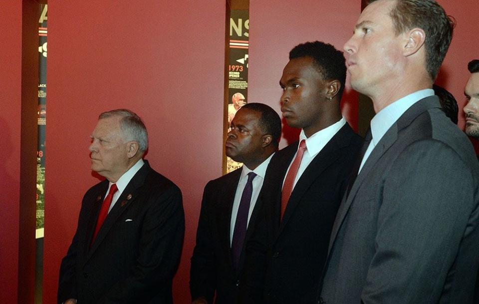 Falcons quarterback Matt Ryan (from left) and wide receiver Julio Jones join Mayor Kasim Reed and Gov. Nathan Deal at press conference announcing the new Falcons stadium name Monday, Aug. 24, 2015, in Atlanta.