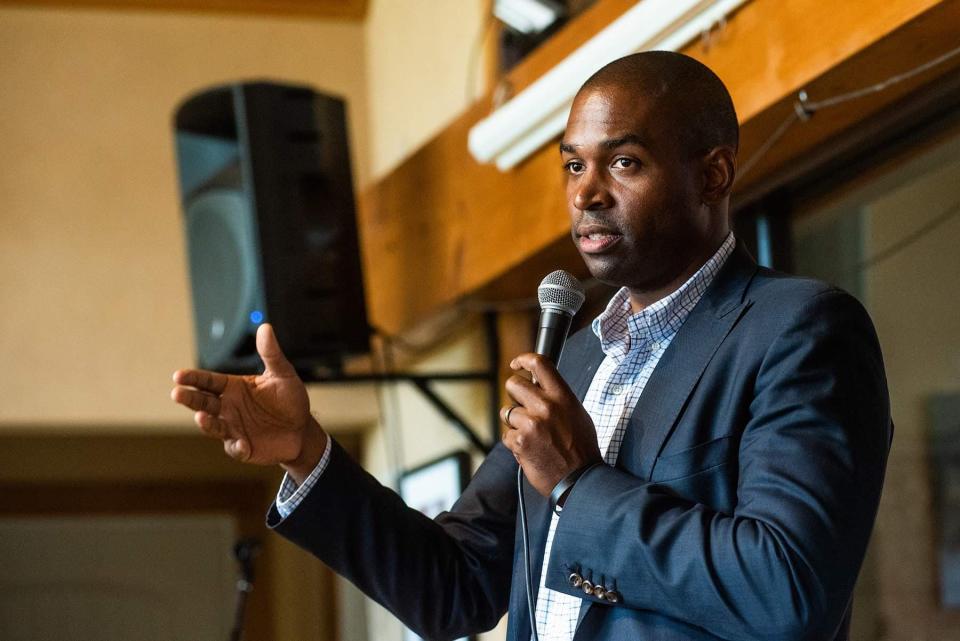 Rep. Antonio Delgado talks during a town hall meeting