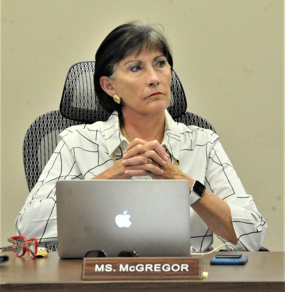 Wichita Falls ISD board member Katherine McGregor listens to a fellow board member speak during a school board meeting at the WFISD Education Center on Friday, December 3, 2021.