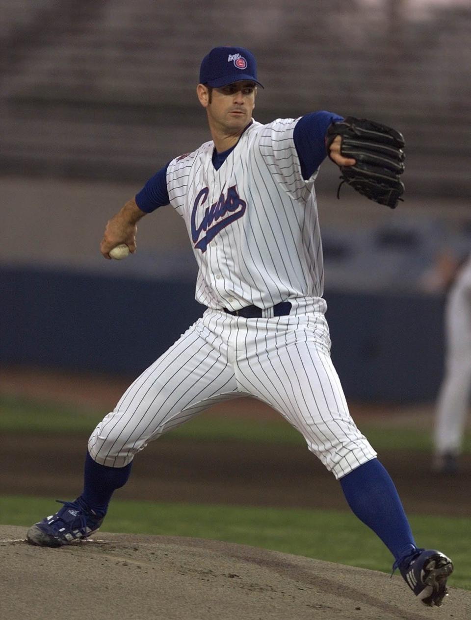 Iowa Cubs pitcher Mark Prior delivers against a Tucson Sidewinders batter on May 7, 2002, at Principal Park.