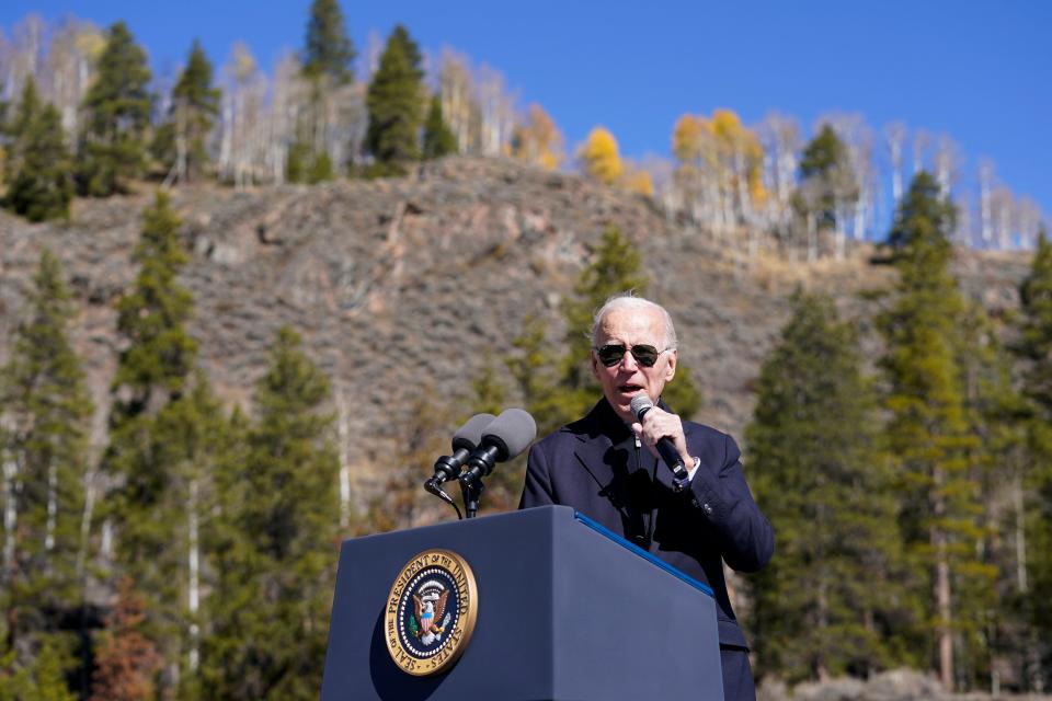 President Joe Biden speaks about protecting and conserving America's iconic outdoor spaces in Camp Hale near Leadville, Colorado, on Oct. 12.