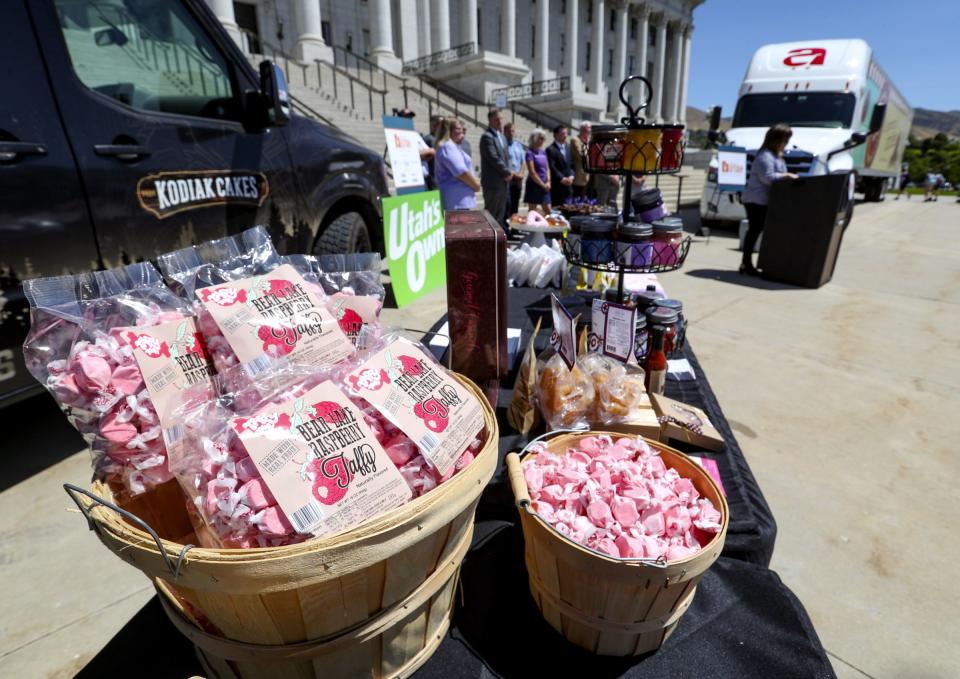 Taffy Town’s Bear Lake raspberry taffy is displayed during the Flavors of Utah send-off at the Capitol in Salt Lake City on Friday, July 19, 2019. | Steve Griffin, Deseret News