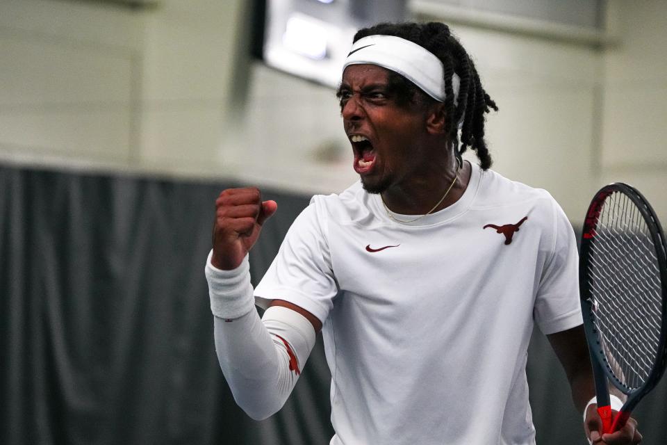 Texas Longhorn Siem Woldeab celebrates a score against UCLA in the second round of the NCAA Tennis Championship at The Edgar O. and Melanie A. Weller Tennis Center on Saturday, May 4, 2024 in Austin.