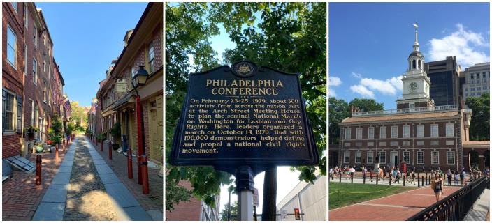 Elfreth&#39;s Alley in Philadelphia; a history marker in Philadelphia; Independence Hall in Philadelphia