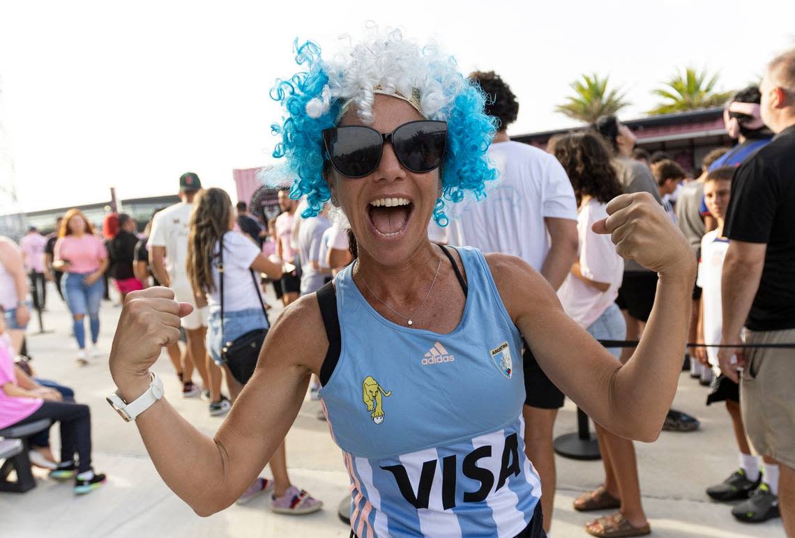 Andrea Braverman, 50, Boca Raton, reacts before the start of a Leagues Cup group stage match between Inter Miami and Atlanta United at DRV PNK Stadium on Tuesday, July 25, 2023, in Fort Lauderdale, Fla.