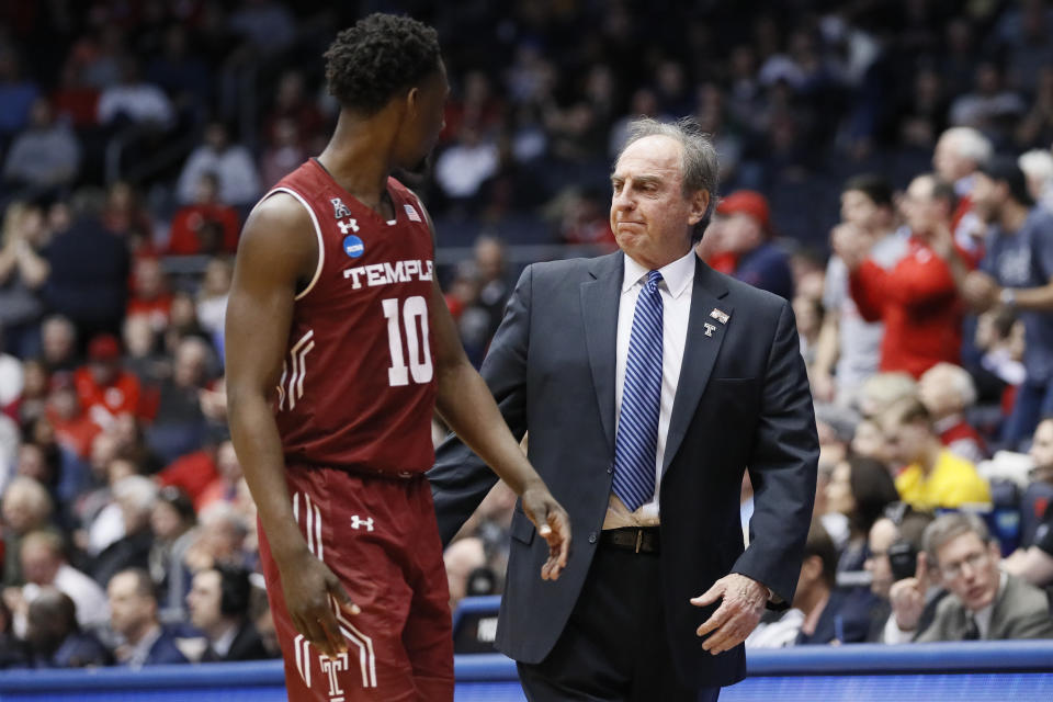 Temple head coach Fran Dunphy, right, reacts alongside Shizz Alston Jr. (10) during the second half of a First Four game of the NCAA college basketball tournament against Belmont, Tuesday, March 19, 2019, in Dayton, Ohio. (AP Photo/John Minchillo)