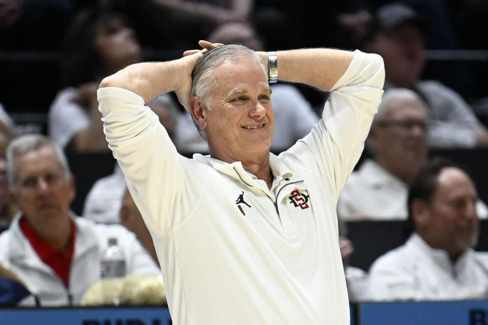 San Diego State coach Brian Dutcher reacts after a foul call during the first half of the team's NCAA college basketball game against Boise State on Friday, March 8, 2024, in San Diego. (AP Photo/Denis Poroy)