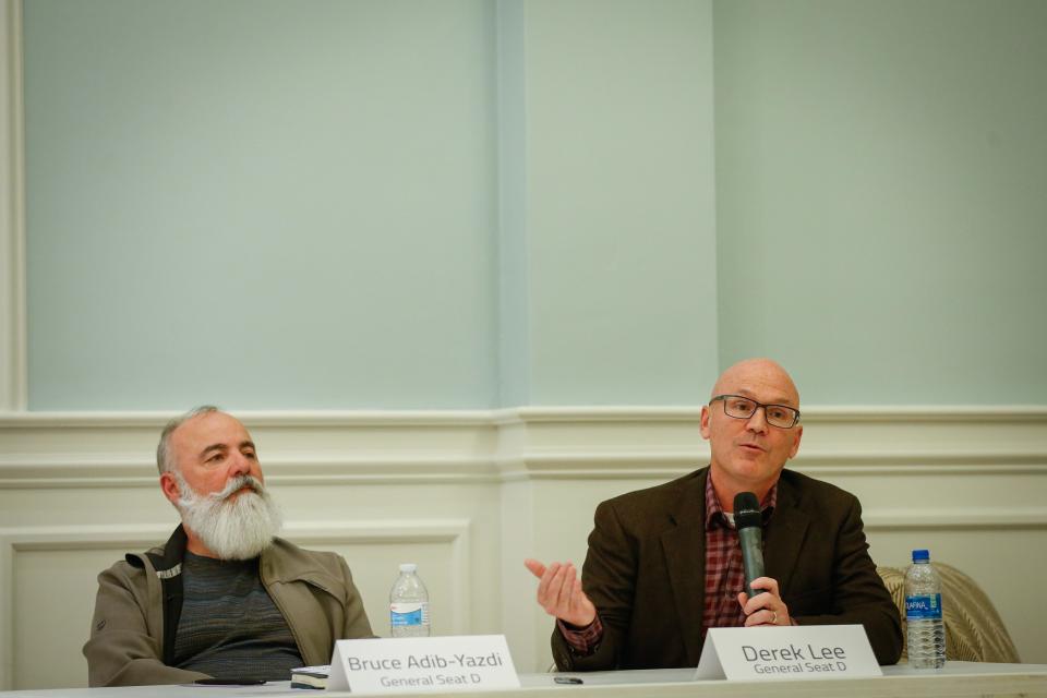 General Seat D candidate Derek Lee answers a question during the Neighborhood Advisory Council's City Council candidate forum at National Avenue Christian Church on Tuesday, March 7, 2023.