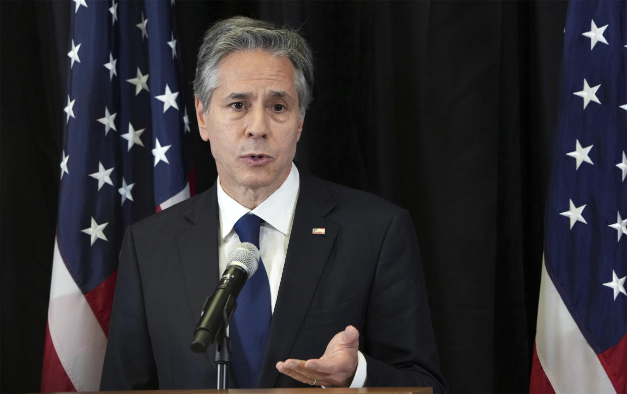 FILE - Secretary of State Anthony Blinken speaks during a news conference in Berlin, Germany, June 24, 2022. Russian, French and American leaders are crisscrossing Africa Wednesday, July 27, 2022, to win support for their positions on the war in Ukraine, an intense competition for influence the continent has not seen since the Cold War. (AP Photo/Michael Sohn, File)