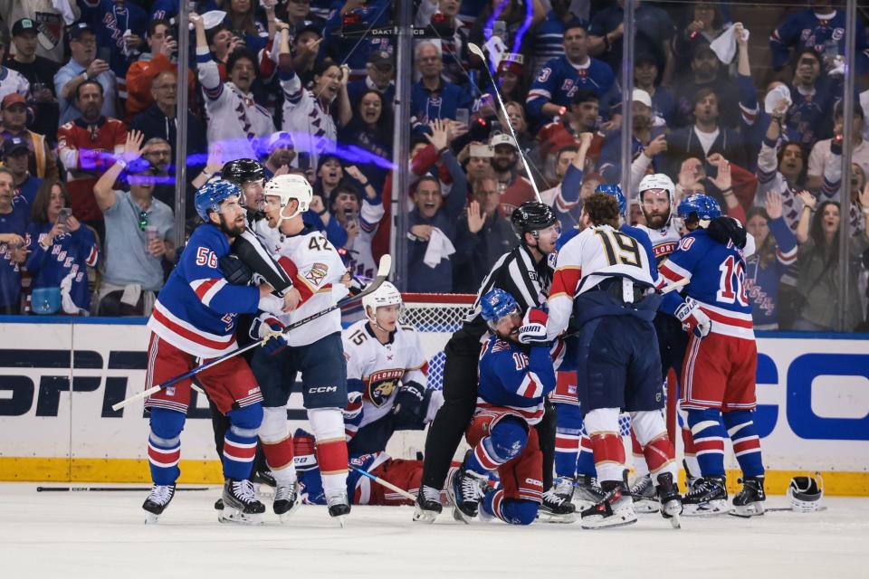 May 24, 2024; New York, New York, USA; New York Rangers and Florida Panthers players battle after a goal by center Vincent Trocheck (16) during the first period in game two of the Eastern Conference Final of the 2024 Stanley Cup Playoffs at Madison Square Garden. Mandatory Credit: Vincent Carchietta-USA TODAY Sports