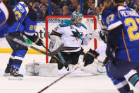 ST. LOUIS, MO - APRIL 14: Antti Niemi #31 of the San Jose Sharks makes a save against the St. Louis Blues during Game Two of the Western Conference Quarterfinals during the 2012 NHL Stanley Cup Playoffs at the Scottrade Center on April 14, 2012 in St. Louis, Missouri. (Photo by Dilip Vishwanat/Getty Images)