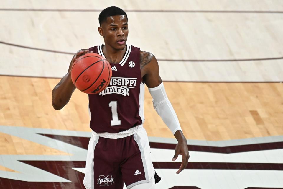 Jan 22, 2022; Starkville, Mississippi, USA; Mississippi State Bulldogs guard Iverson Molinar (1) handles the ball against the Mississippi Rebels during the first half at Humphrey Coliseum. Mandatory Credit: Matt Bush-USA TODAY Sports