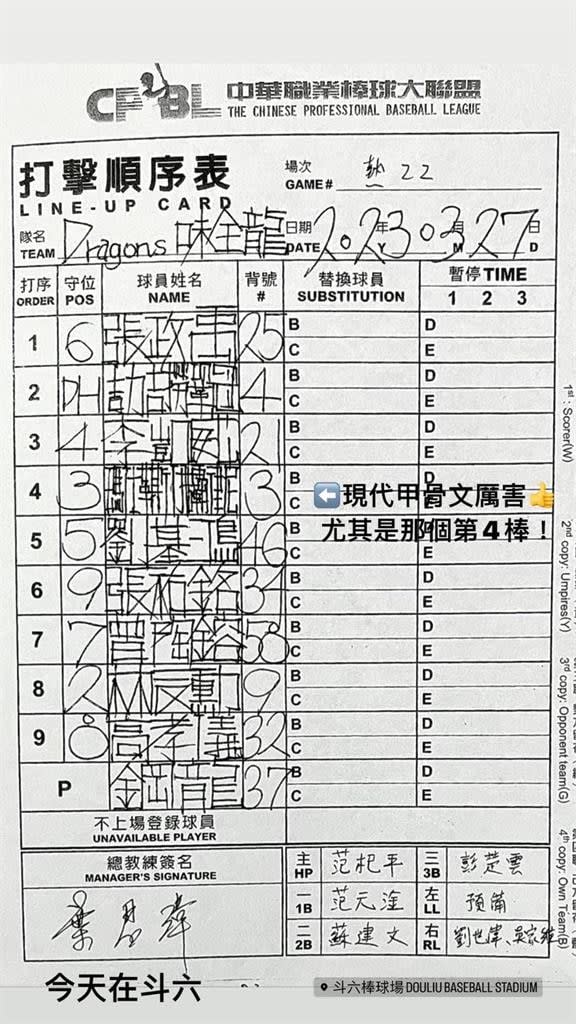 怎麼寫的？味全龍打序表字體超特別　球評看呆大讚：現代甲骨文！