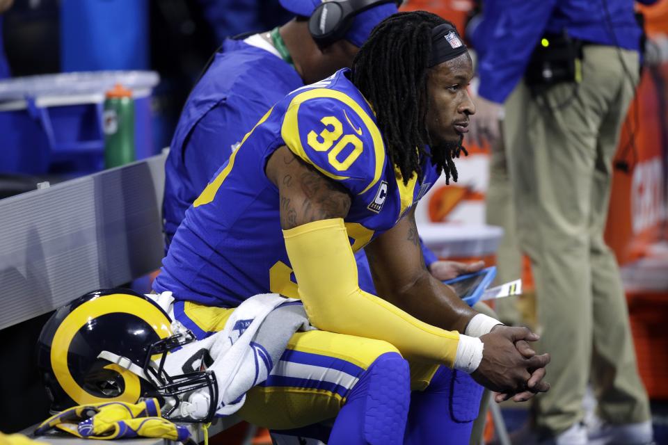 Todd Gurley watches from the bench during the first half of the Rams’ 13-3 Super Bowl loss to the Patriots. (AP)