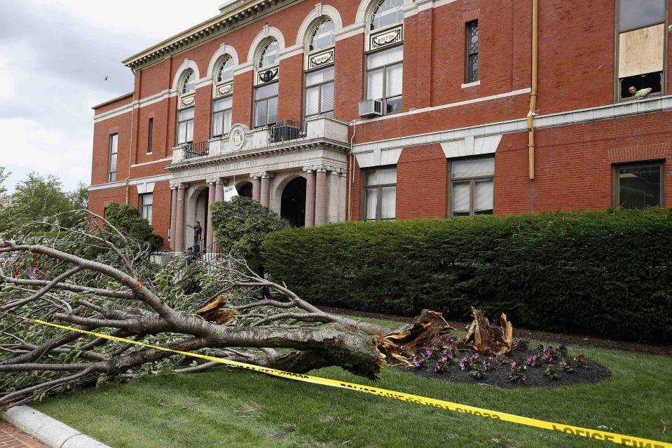 Fallen trees litter the lawn in front of City Hall on Broadway in Revere, Massachusetts, July 28, 2014. Police and emergency crews in Revere, outside Boston scrambled to clean up after a rare tornado touched down on Monday, downing power lines, damaging homes and overturning at least one car.The National Weather Service confirmed that a tornado touched down during a storm that brought heavy rains, lightning and flooding to Boston and many of its northern suburbs. State emergency management officials said they were not aware of major injuries or fatalities from the storm. (REUTERS/Dominick Reuter)