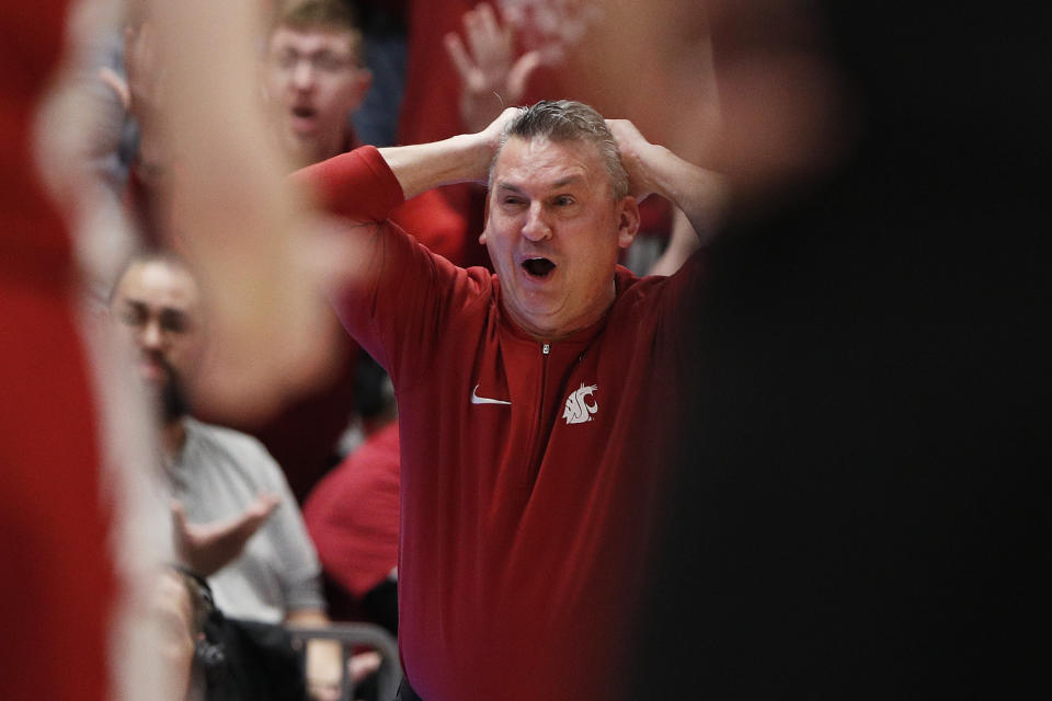 Washington State head coach Kyle Smith reacts after a foul call during the first half of an NCAA college basketball game against UCLA, Saturday, March 2, 2024, in Pullman, Wash. (AP Photo/Young Kwak)