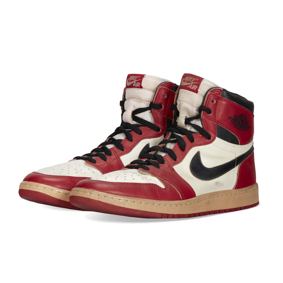 A pair of Michael Jordan’s game-worn Air Jordan 1 “Chicago” sneakers, from 1985. Estimate between 0,000 – 0,000. - Credit: Courtesy of Christie's