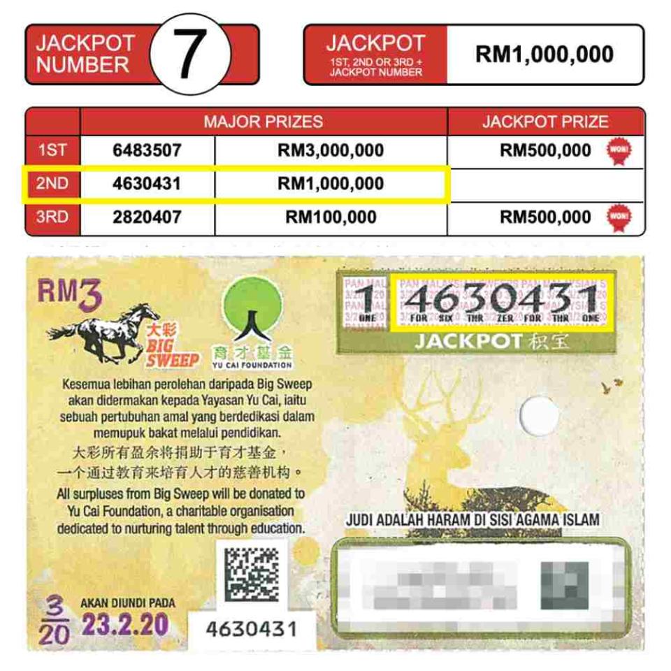 The woman decided to check her ticket results after reading that a Johor Baru resident won the first prize of RM3.5 million in the same draw. ― Picture courtesy of Big Sweep