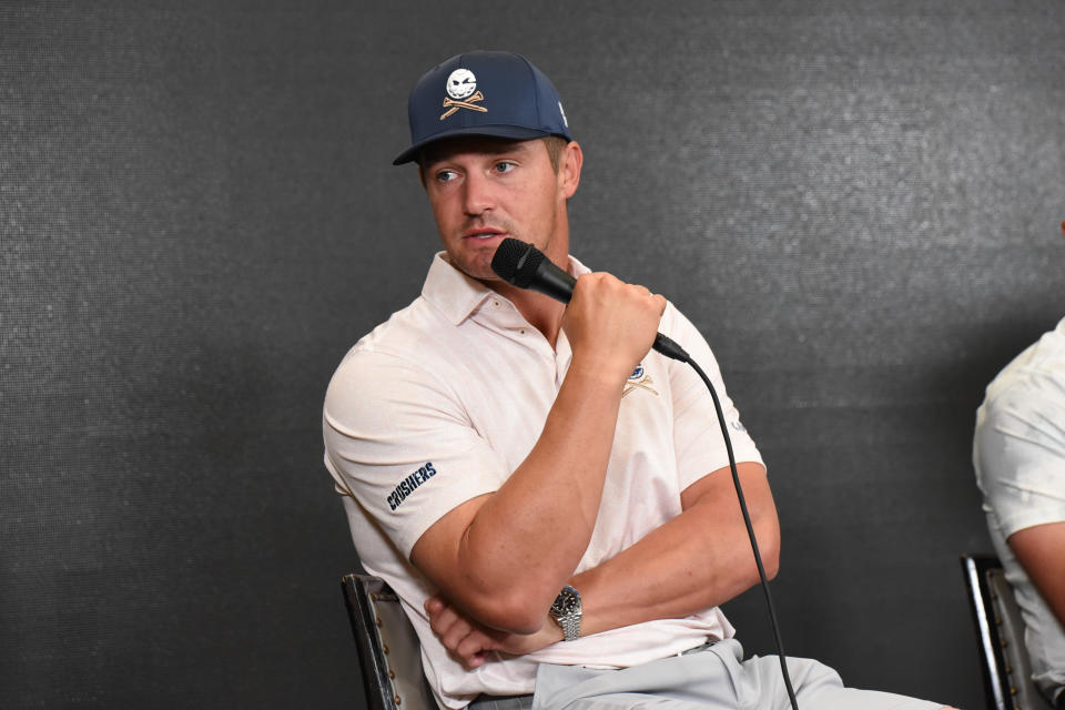 DORAL, FL - APRIL 03: Professional golfer Bryson DeChambeau takes questions from the media during a press conference at LIV Golf Miami on April 3, 2024, at Trump National Doral Miami in Doral, FL. (Photo by Michele Eve Sandberg/Icon Sportswire via Getty Images)