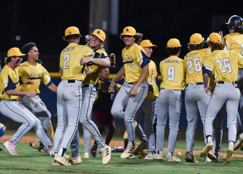 Winter Haven celebrates its 4-3 win against Martin County in the baseball Region 3-6A quarterfinal Tuesday, May 10, 2022, at Martin County High School in Stuart.
