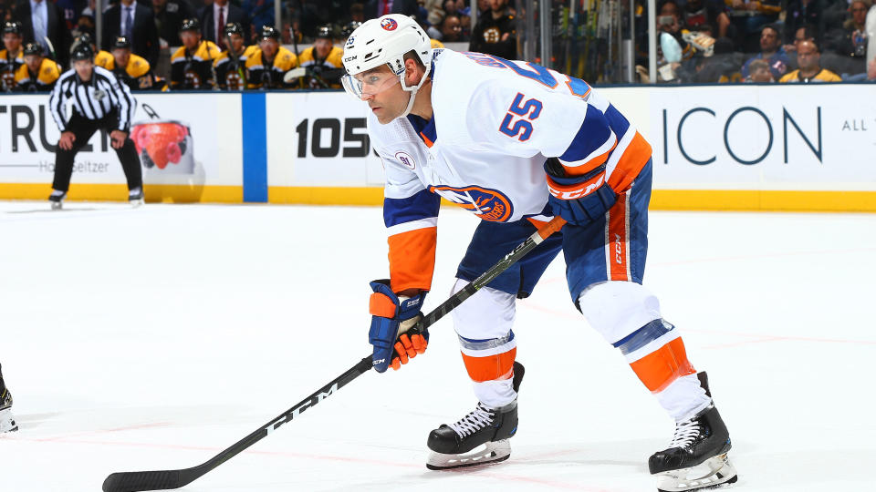 UNIONDALE, NEW YORK - FEBRUARY 29:  Johnny Boychuk #55 of the New York Islanders skates against the Boston Bruins at NYCB Live's Nassau Coliseum on February 29, 2020 in Uniondale, New York. Boston Bruins defeated the New York Islanders 4-0. (Photo by Mike Stobe/NHLI via Getty Images)