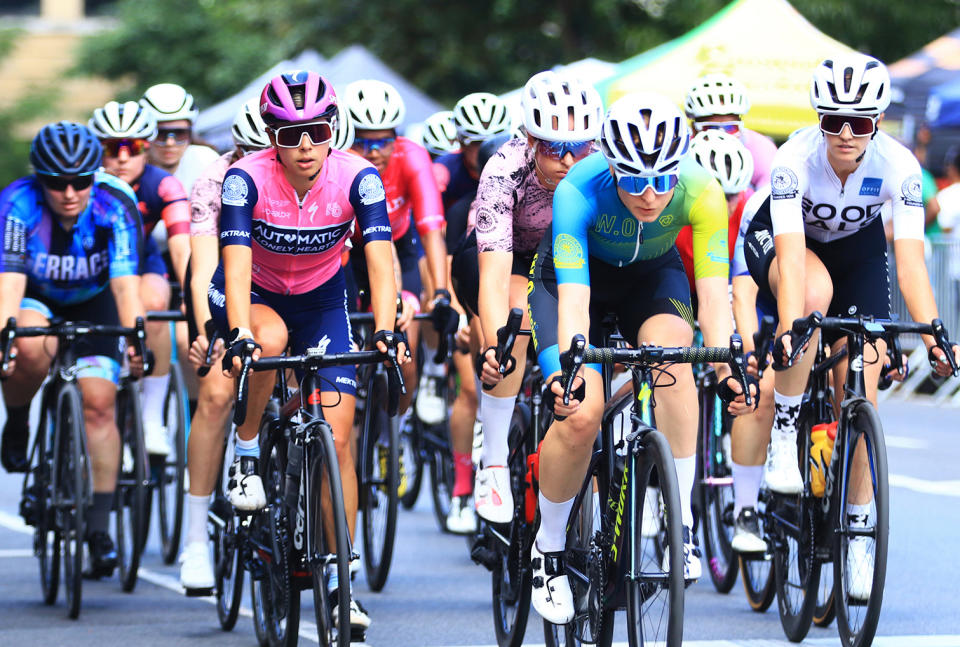 Christine Dewitte (W.0 Racing) at front of field Harlem Crit 2023