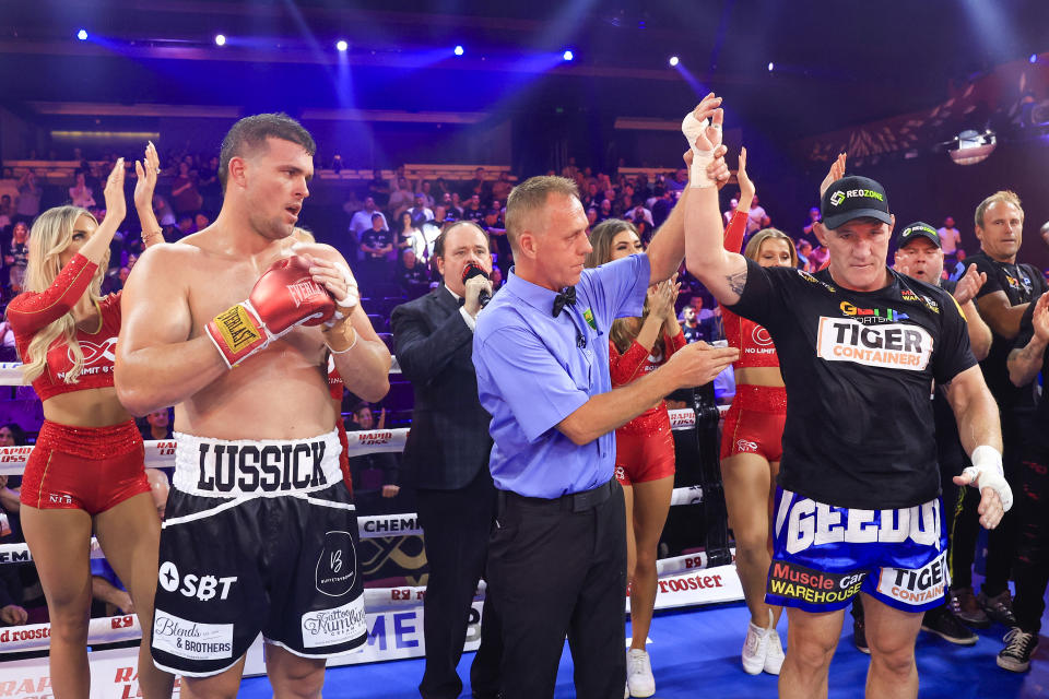 Pictured right, Paul Gallen celebrates his win against Darcy Lussick in Sydney.