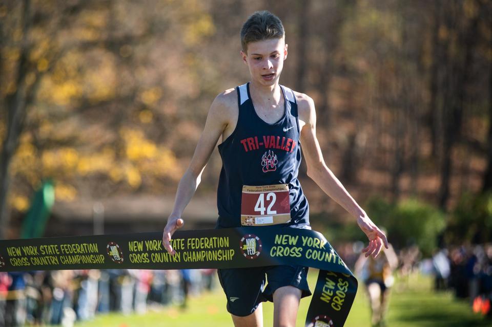 Tri-Valley's Van Furman crosses the finish line during the New York State Federation cross country championship at Bowdoin Park in Wappingers Falls, NY on Saturday, November 18, 2023. KELLY MARSH/FOR THE TIMES HERALD-RECORD