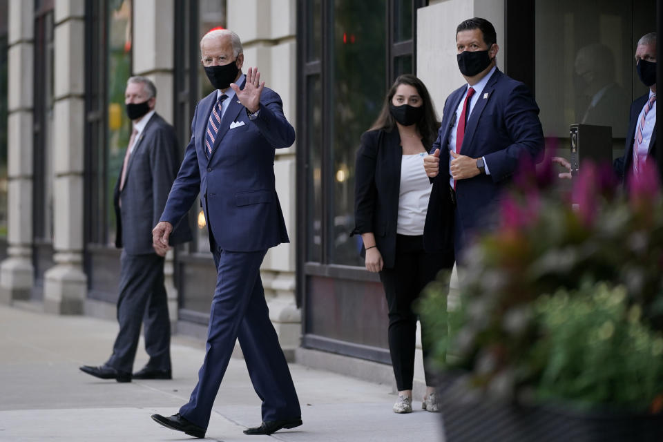 Democratic presidential candidate former Vice President Joe Biden departs after attending campaign meetings at the Hotel du Pont, Wednesday, Sept. 16, 2020, in Wilmington, Del. (AP Photo/Patrick Semansky)