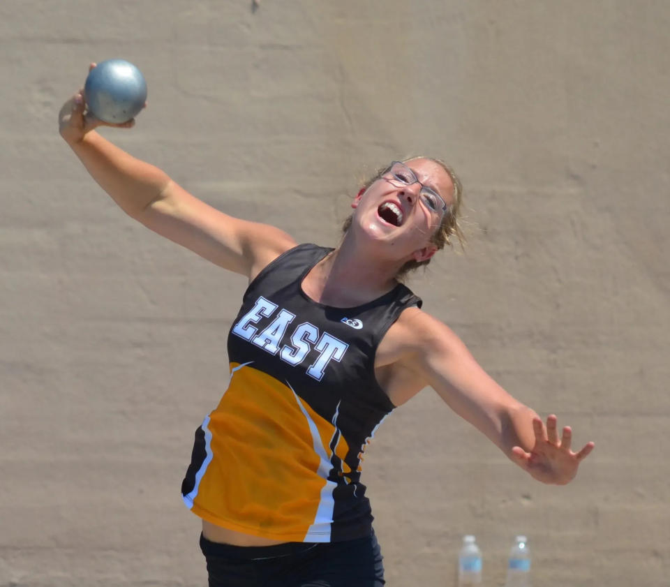 Brittany Casey throws her way to the shot put state championship.