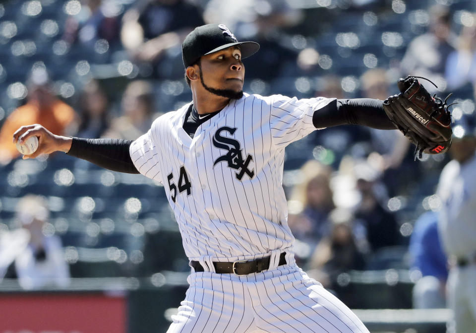 FILE - In this April 9, 2019, file photo, Chicago White Sox starting pitcher Ervin Santana throws against the Tampa Bay Rays during the first inning of a baseball game in Chicago. Santana has agreed to a minor league contract with the New York Mets pending a successful physical. Santana became a free agent on April 29, three days after he was designated for release by the White Sox, who signed him for a $4.3 million salary this year. (AP Photo/Nam Y. Huh, File)