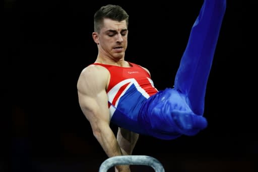 Great Britain's Max Whitlock on his way to gold in the men's pommel horse final at the world gymnastics championships in Stuttgart on Saturday