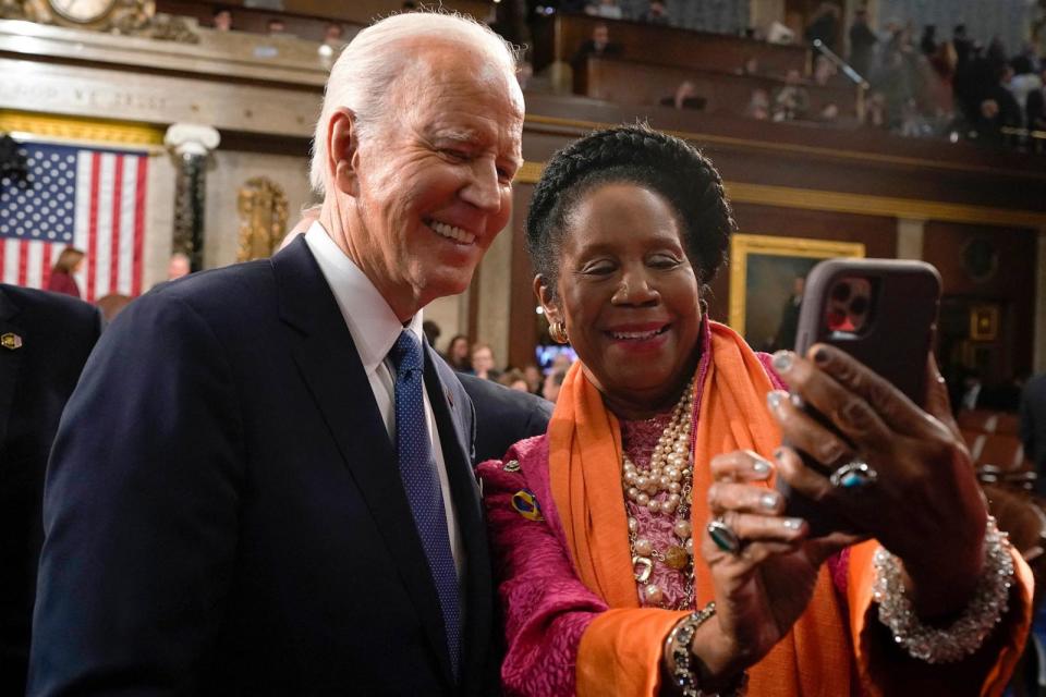PHOTO: In this Feb. 7, 2023, file photo, President Joe Biden takes a selfie with Representative Sheila Jackson Lee after the State of the Union address in the House Chamber of the US Capitol in Washington, D.C. (Jacquelyn Martin/Pool via AFP via Getty Images, FILE)