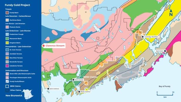 The Fundy Gold Project, as listed on the Brunswick Exploration website, shows the mineral claim by the company in the white outline stretching from near Saint John to St. George.