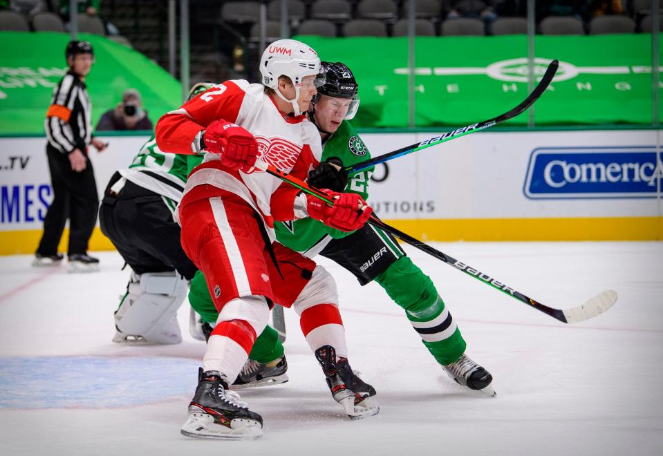 Stars defenseman Esa Lindell defends against Red Wings center Vladislav Namestnikov during the first period in Dallas on Tuesday, Jan. 26, 2021.