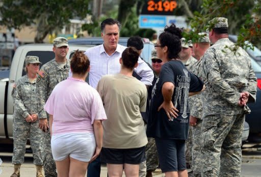 Republican White House hopeful Mitt Romney meets with storm-affected residents from Hurricane Isaac in LaFitte, outside of New Orleans. Romney has toured storm-ravaged New Orleans in a bid to burnish his presidential credentials ahead of his November battle with Barack Obama