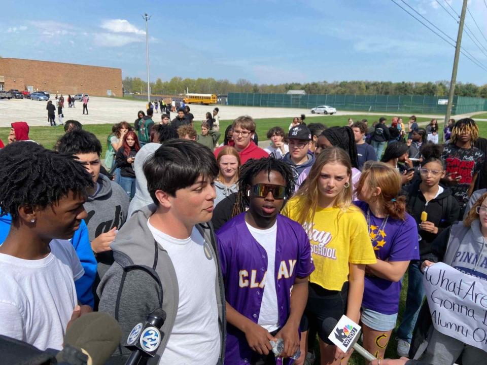 Clay High School students staged a peaceful walkout of classes Thursday, April 20, 2023, in protest of the South Bend school board's decision to close the school after the 2023-24 school year.