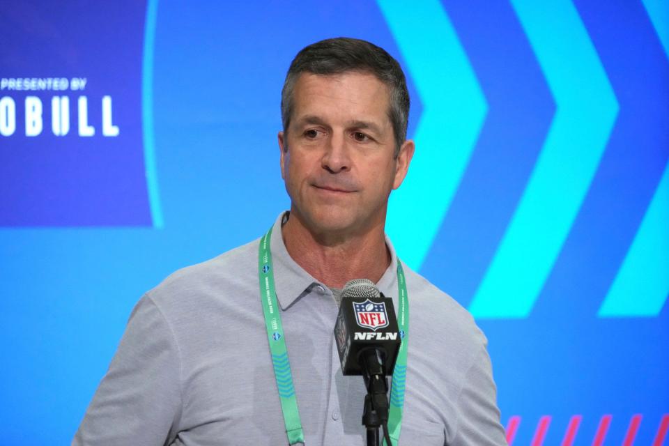 Ravens coach John Harbaugh during the NFL combine at Indiana Convention Center on Tuesday, Feb. 27, 2024, in Indianapolis.