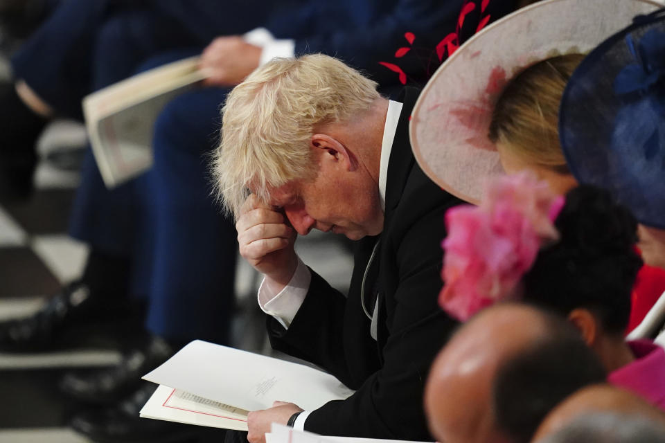 Britain's Prime Minister Boris Johnson at the National Service of Thanksgiving held at St Paul's Cathedral as part of celebrations marking the Platinum Jubilee of Britain's Queen Elizabeth II, in London, Friday, June 3, 2022. (Victoria Jones/Pool photo via AP)