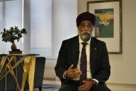 Canadian Minister of International Development Harjit Sajjan, speaks during an interview with the Associated Press, at the Canadian ambassador residence, in Beirut, Lebanon, Wednesday, Aug. 17, 2022. Sajjan said Syria is not safe yet for millions of refugees to start returning home and those who fled their homes did so only because they had to. He also said , he also said that Lebanon should work to reach a deal with the International Monetary Fund to start getting the small nation out its worst economic crisis in its modern history. (AP Photo/Hussein Malla)