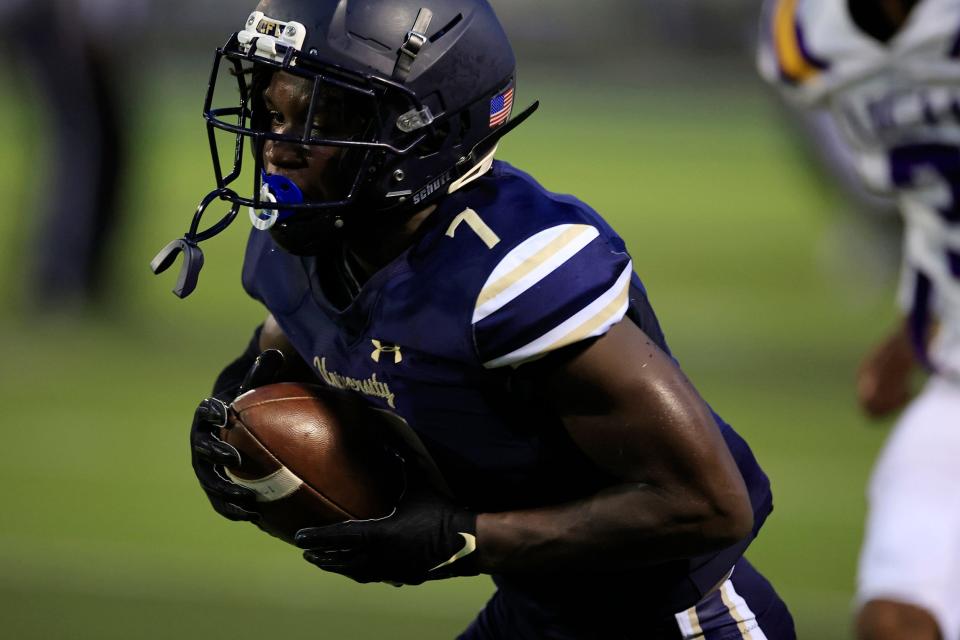 University Christian receiver Jenoa Alford scores a touchdown. The Christians play at home Friday night against Clearwater Central Catholic for a berth in the FHSAA Class 1M football final.