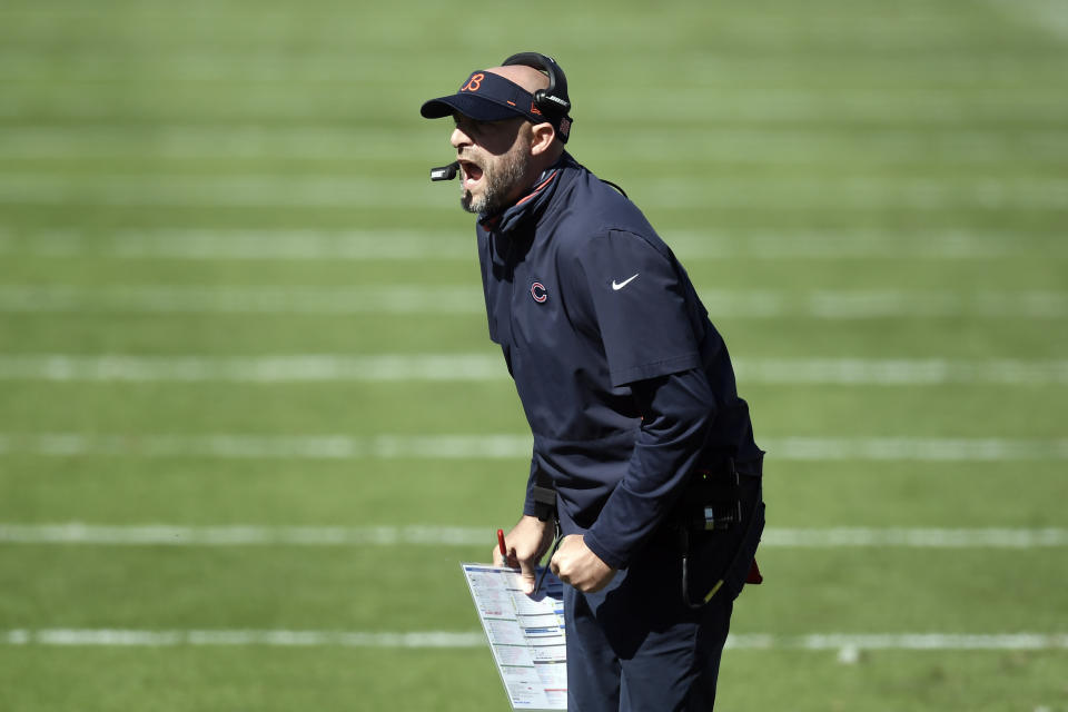 Chicago Bears head coach Matt Nagy yells during the first half of an NFL football game against the Carolina Panthers in Charlotte, N.C., Sunday, Oct. 18, 2020. (AP Photo/Mike McCarn)