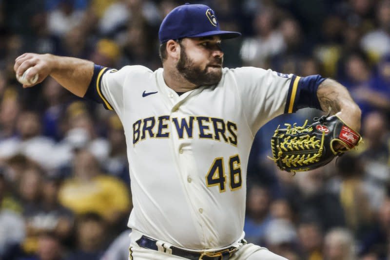 Milwaukee Brewers relief pitcher Bryse Wilson throws in relief against the St. Louis Cardinals on Tuesday at American Family Field in Milwaukee. Photo by Tannen Maury/UPI