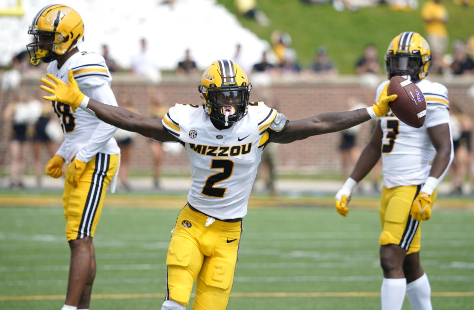 COLUMBIA, MO – SEPTEMBER 17: Defensive back Ennis Rakestraw Jr. #2 of the Missouri Tigers celebrates his interception against the Abilene Christian Wildcats in the third quarter at Faurot Field/Memorial Stadium on September 17, 2022 in Columbia, Missouri. (Photo by Ed Zurga/Getty Images)