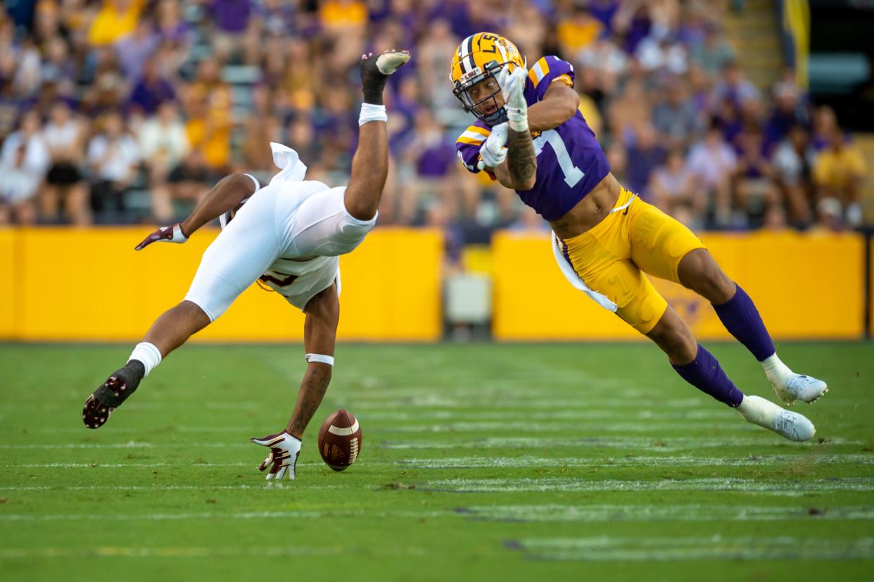 Derek Stingley Jr breaks up a pass as The LSU Tigers take on Central Michigan Chippewas in Tiger Stadium. Saturday, Sept. 18, 2021.