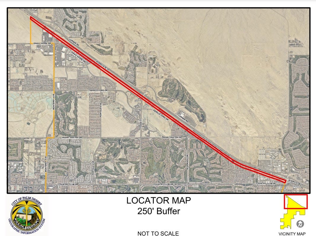 A map shows the area, highlighted in red, where properties are eligible for a grant program for ongoing cleanup efforts related to Hilary, the major storm that struck the Coachella Valley in summer 2023.
