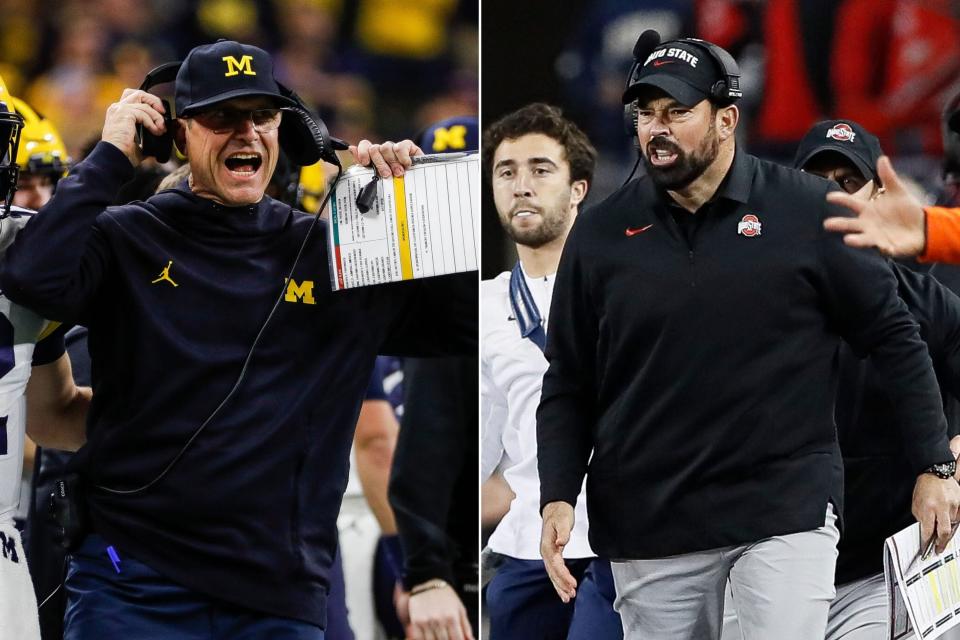 Michigan's Jim Harbaugh, left, and Ohio State's Ryan Day have not always had the friendliest relationship.