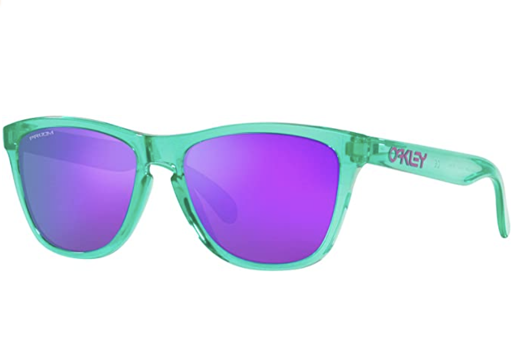 Oakley sunglasses with green frames and purple shades.