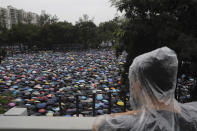 Protesters gather in Hong Kong Sunday, Aug. 18, 2019. Thousands of people streamed into a park in central Hong Kong for what organizers hope will be a peaceful demonstration for democracy in the semi-autonomous Chinese territory. (AP Photo/Kin Cheung)